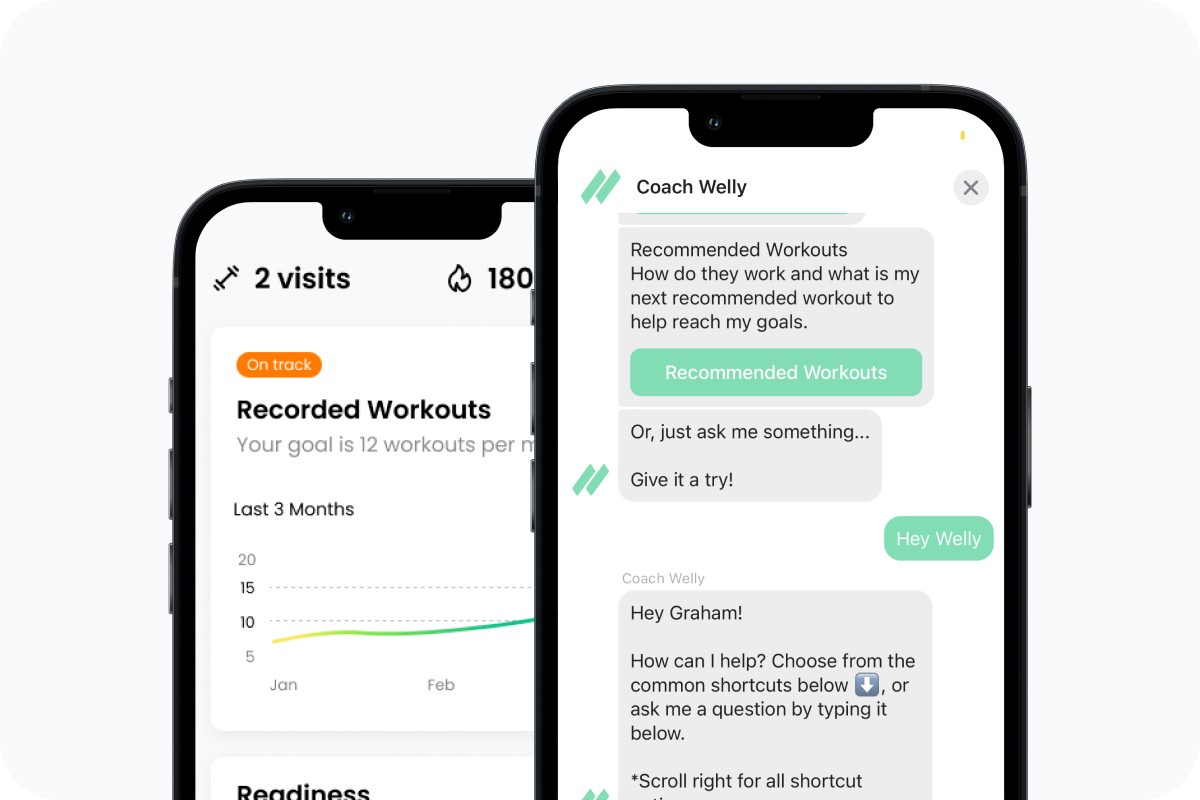 Two phones showing the Welly app's progress tracking and AI chat.